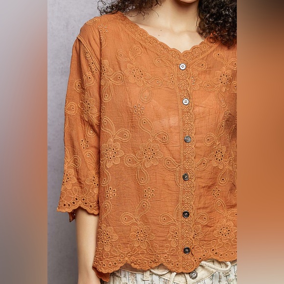 POL Floral Eyelet V-Neck Salloped Shirt - Picture 3 of 7